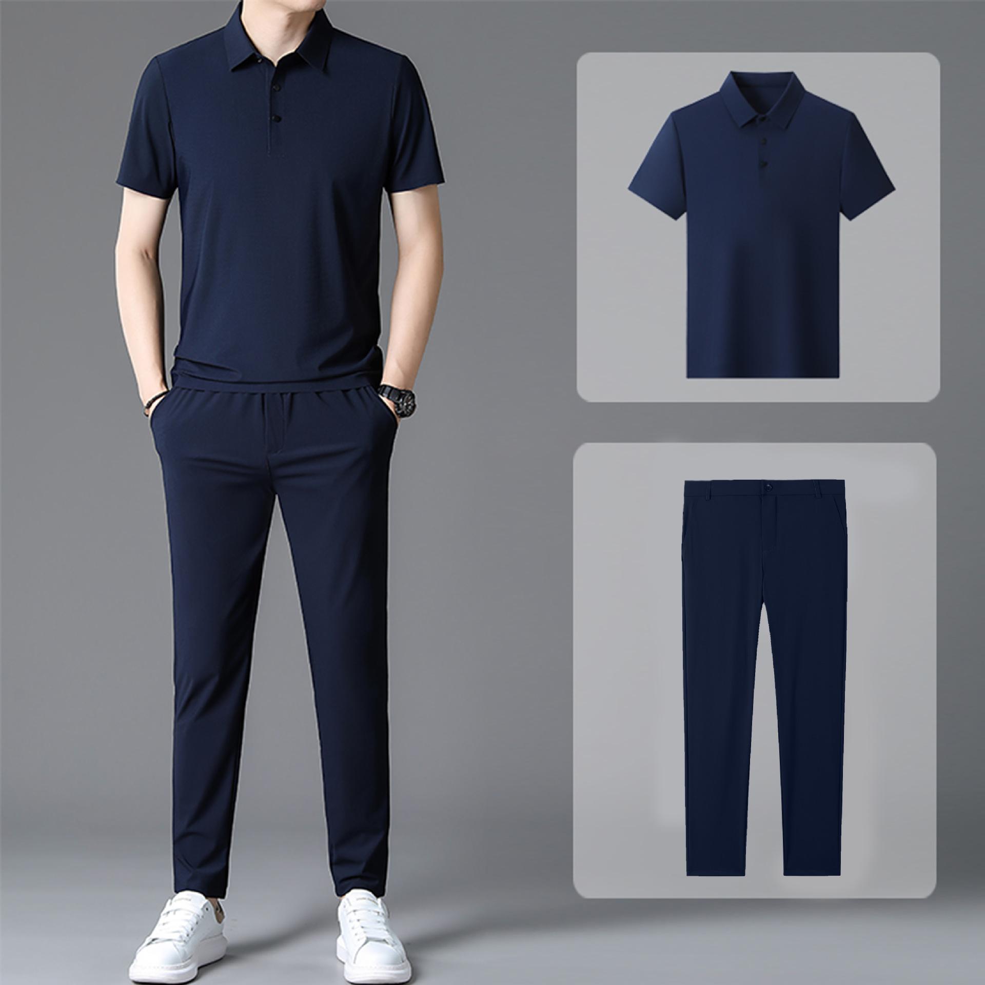 

Костюм летний мужской футболка с короткими рукавами спортивная повседневная рубашка поло брюки костюм из 2 предметов XXL темно-синий