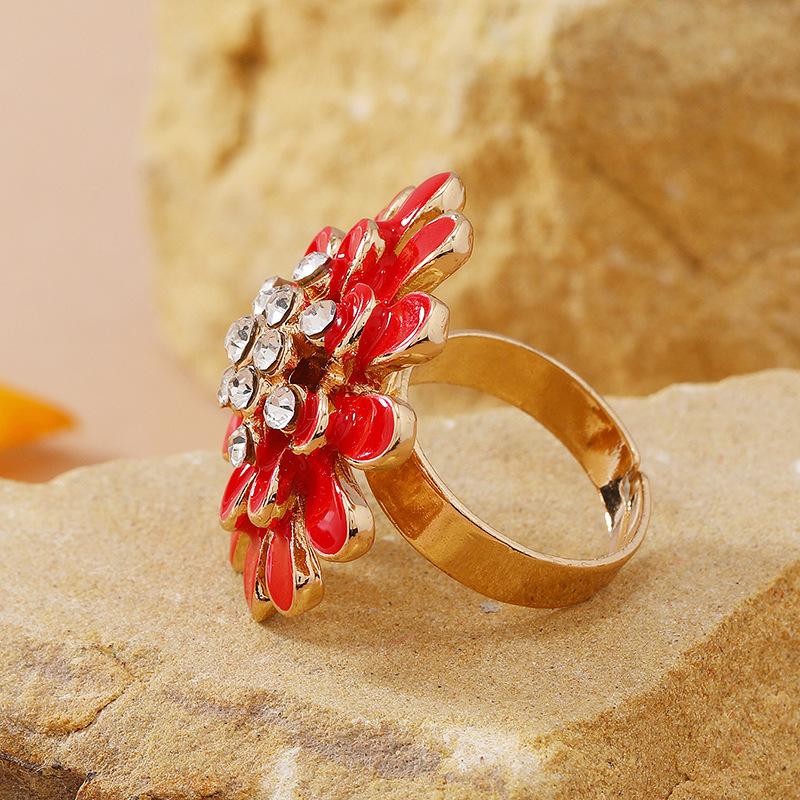Fashionable Retro Drip Oil Daisy Flower Ring, New Style, Trendy, Diamond Set, Adjustable Opening Ring