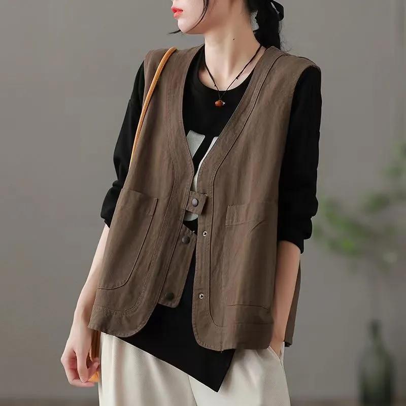 Cotton Vest for Women Linen Sleeveless Vintage Denim Vest Oversize Prints Versatile Casual Buttons Vest