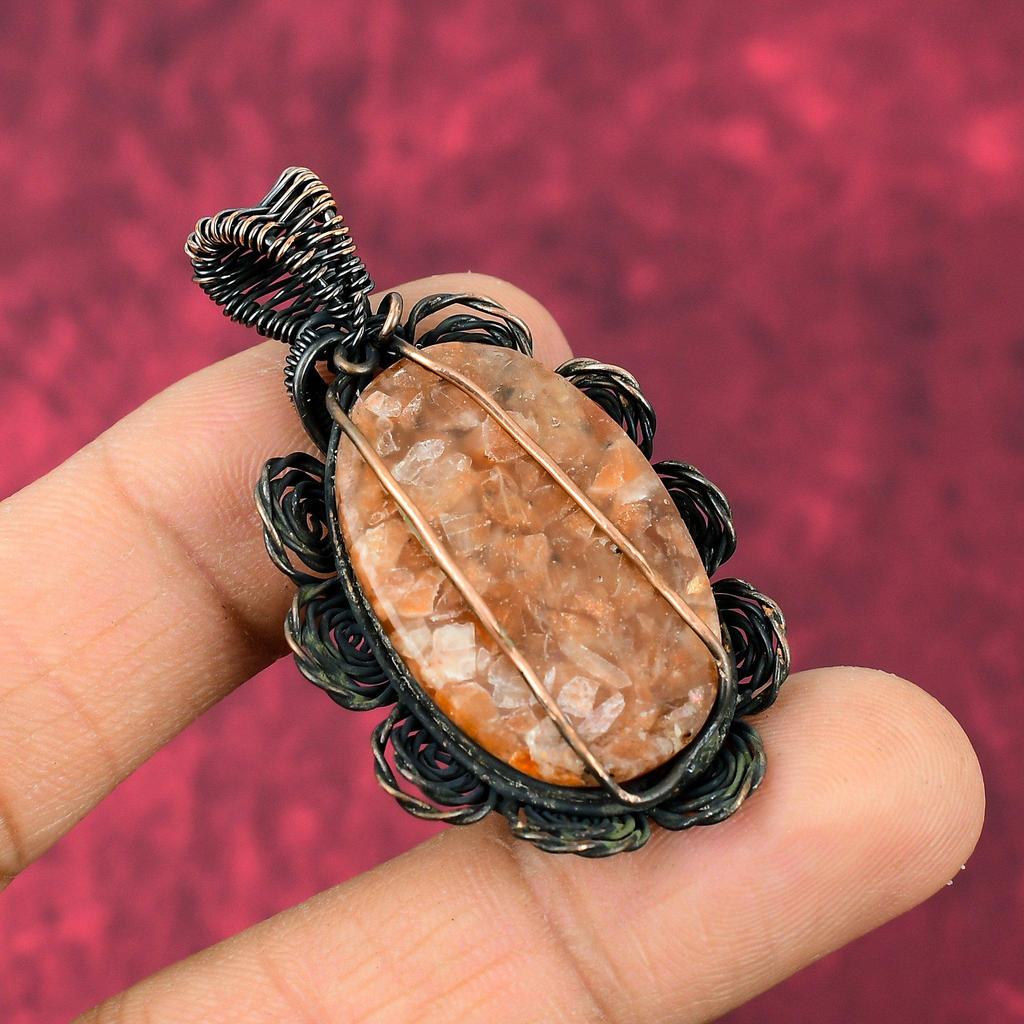 Sunstone Pendant Copper Wire Wrapped Pendant Copper Jewelry Handmade Natural Gemstone Pendant Wire Wrap Jewelry Flower Pendant Gifts For Her