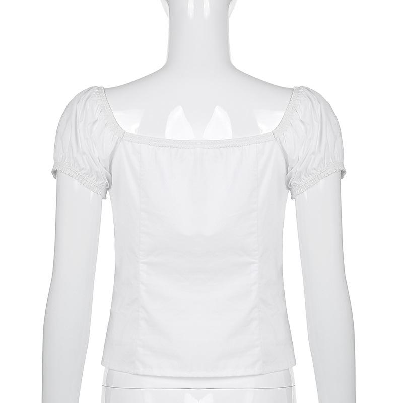 Short Puff Sleeve Lady T-Shirt Square Collar Skinny Crop Top Summer OL Tees All Match Button Vintage Women's Lace Clothe