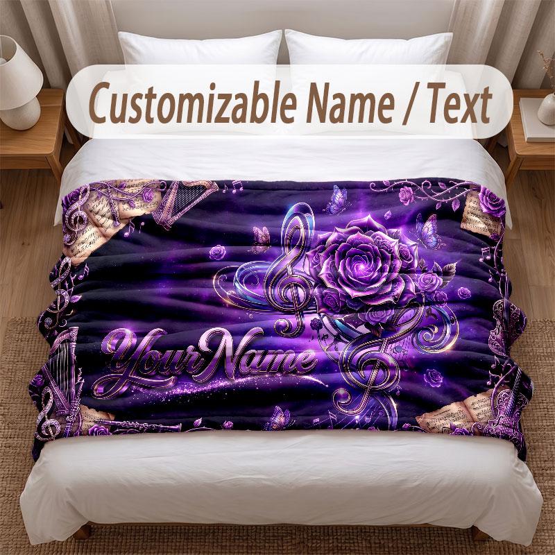 Music Theme Soft Blanket Personalized Custom Name Text Print Warm Blanket Home Sofa Bedroom Decor