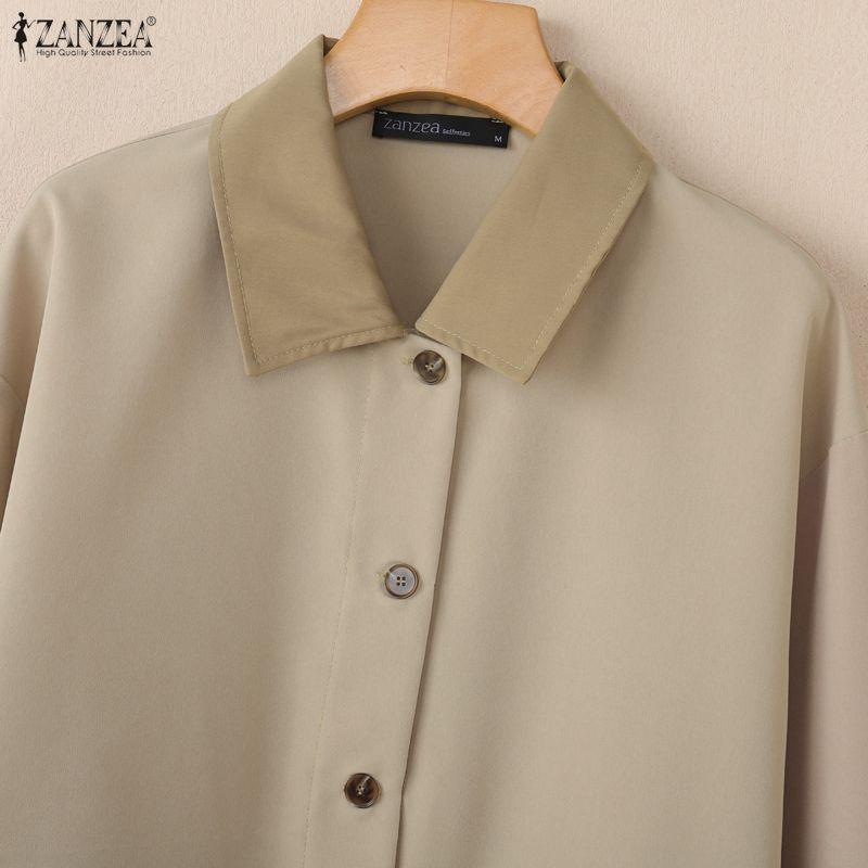 ZANZEA Women Casual Splice Collar Loose Long Sleeve Blouse