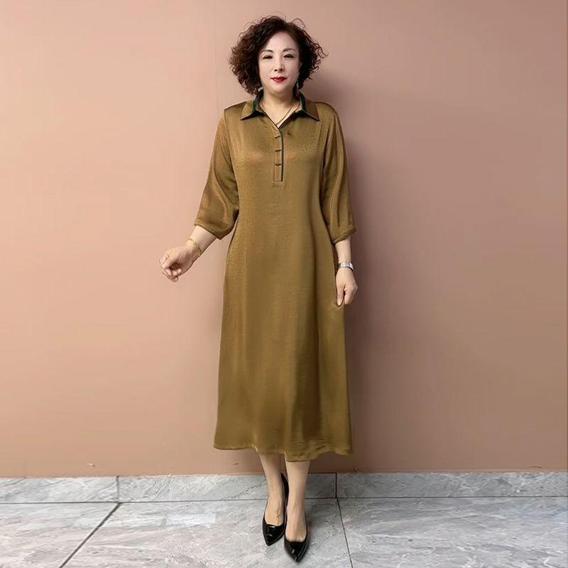 Women’s Silk Dress Summer Lapel Plus-size Dress Solid Color Soft Skin-friendly Breathable Silk Long Dress