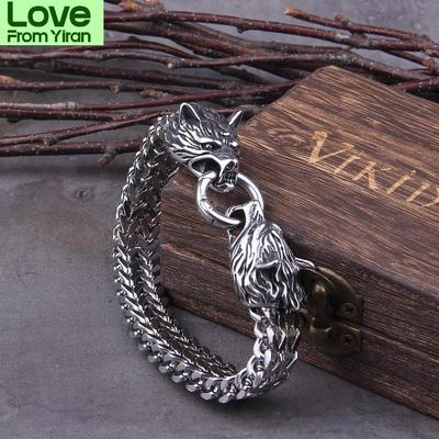 Never Fade Rock Viking Wolf Charm Bracelet Men 'S Stainless Steel Mesh Chain Gold Wolf Punk Bracelets Biker Jewelry