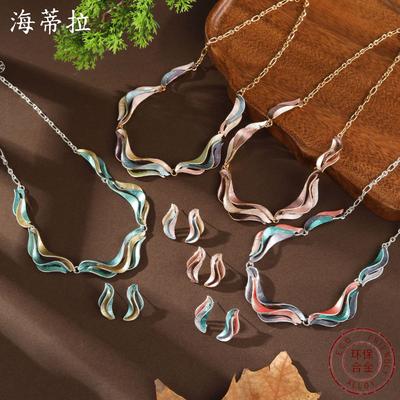 DIY-Accessoires Bestseller Emaillefarbe Geometrische Linien Blütenblatt Ohrstecker Halsketten-Set Damenmode Unregelmäßiges Blütenblatt Halskett