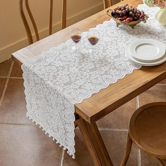 French Lace Table Runner Hollow Tassel Fringe Placemat Elegant Decorative Tablecloth Romantic Wedding Party Dining Table Dresser Buffet Decor