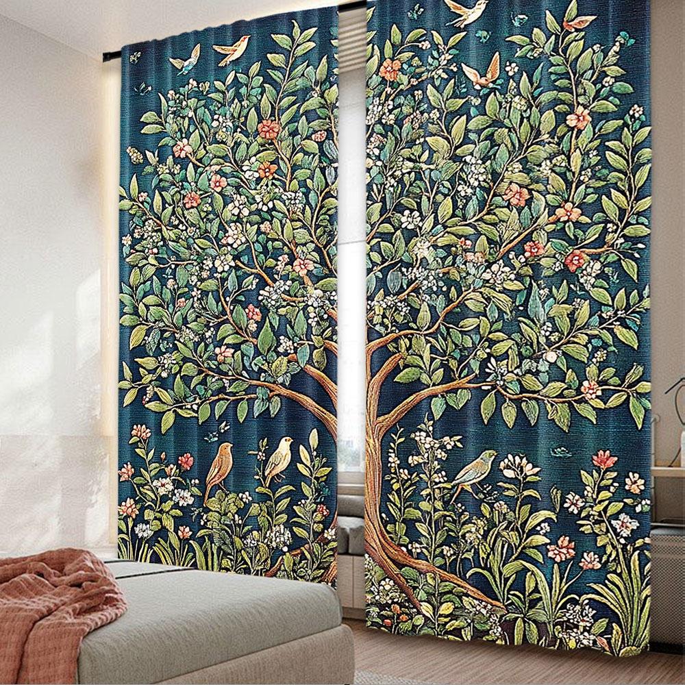 

2Pcs Boho William Morris Curtain Vintage Tree Of Life Art Style Tree With Flowers Curtain Suitable For Bedroom Living Room 100*130 Rod Pocket 1pcs