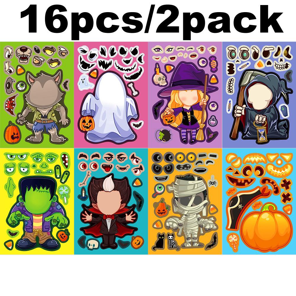 8Pcspack Cartoon Halloween Sticker Make A Face Puzzle Diy Pumpkin Ghost Assemble Jigsaw Educational Game Party Toy