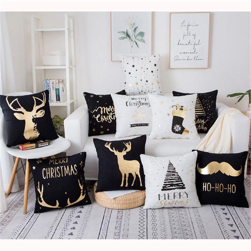 Hot Bronzing Soft Sofa Waist Square Pillowcase Cushion Cover Gold Print Merry Christmas