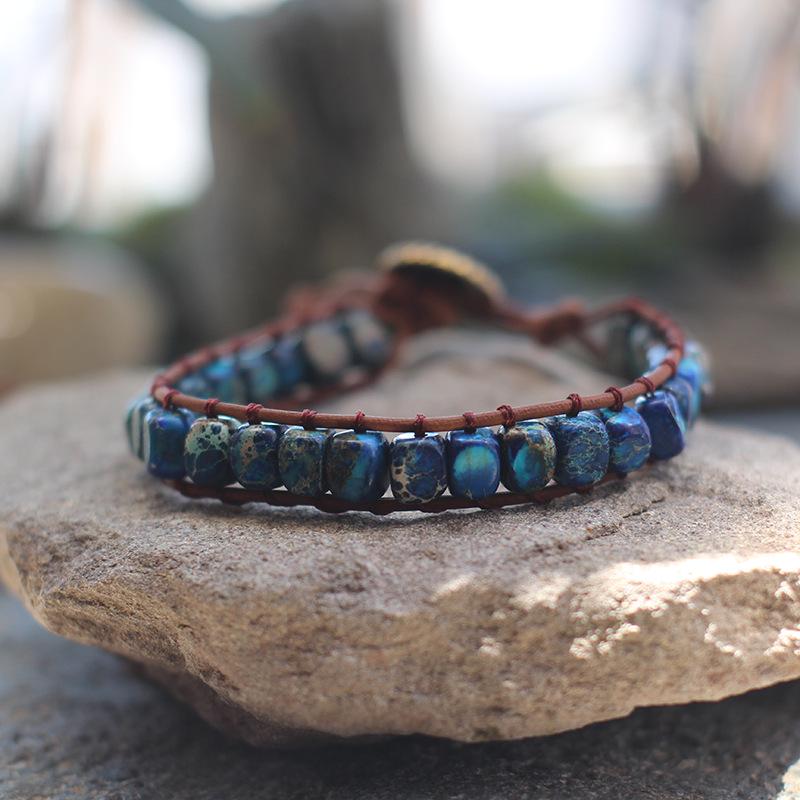 Freeform Shoushan Stone 5x7 Emperor Leather Woven Bohemian Bracelet