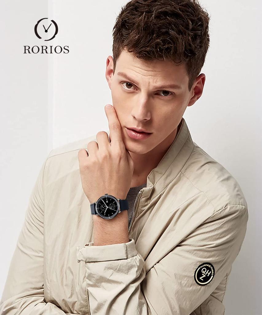 RORIOS Men's Genuine Leather Watch with Big Face, Simple Design, Luminous Movement, Quartz Movement, Chronograph Movement, Date Display, Black B
