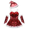 Girls Christmas Santa Dance Costume Adjustable Spaghetti Straps Sequins Leotard Dress Hat Arm Sleeves