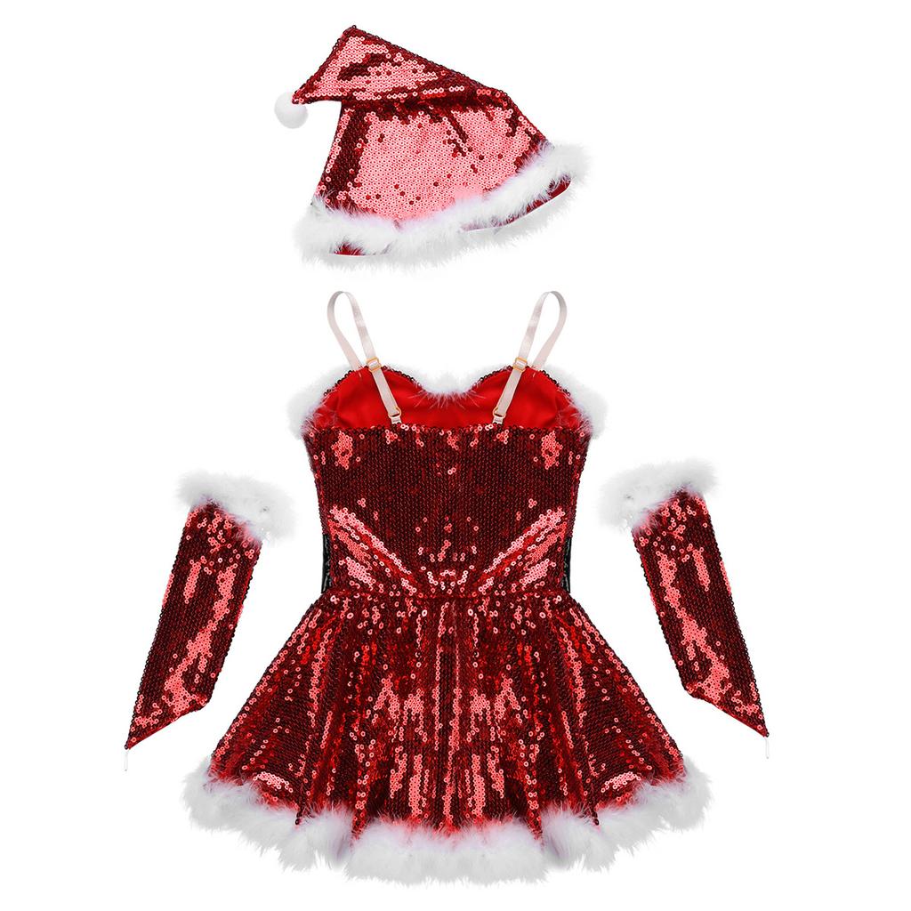 Girls Christmas Santa Dance Costume Adjustable Spaghetti Straps Sequins Leotard Dress Hat Arm Sleeves