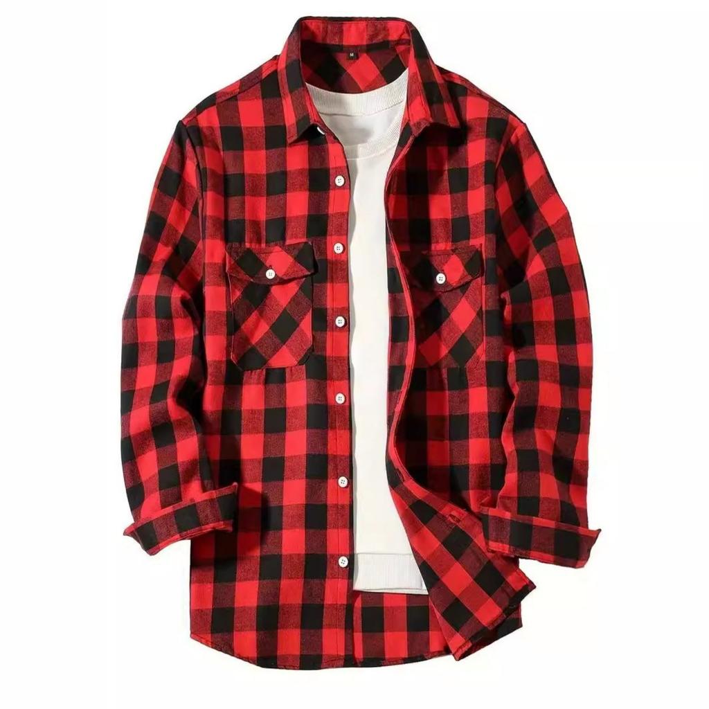 Men's Casual Loose-Fit Plaid Collared Shirt With Pockets - Long Sleeve