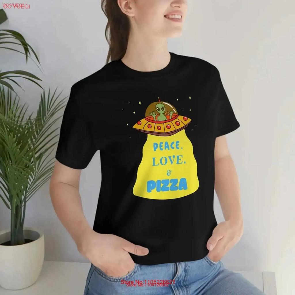 Peace Love Pizza Alien Jersey T Shirt Funny Lovers Gift For Friend Ufo Tee Uap Vintage Casual Stretched Streetwear