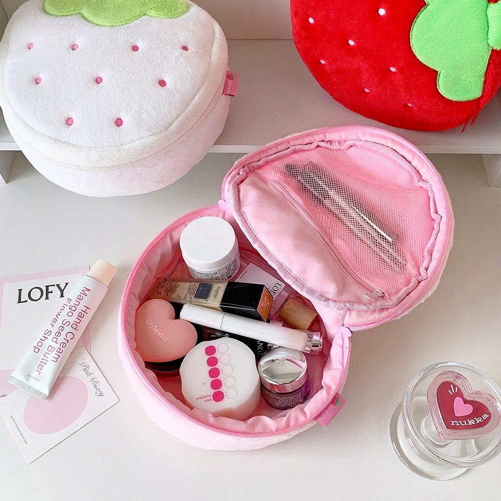 Cute Cosmetic Organizer Soft Multifunctional Toiletries Bag Strawberry Plush Cosmetic Bag Plush Plush Travel Storage Pouch