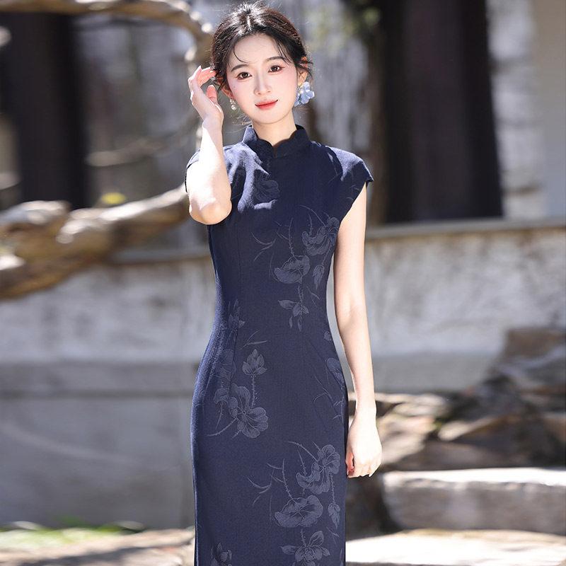 Blue national style new Chinese style Suzhou sleeveless long cheongsam improved young 1011 new women's high sense summer
