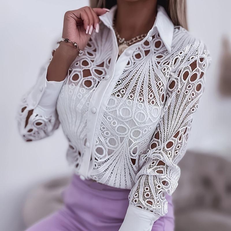 Fashion Lace Hollow Out Long Sleeve Office Shirt Women Spring and Autumn Loose Casual Versatile Commuter Blouse Lapel Simple Solid Color Clothing