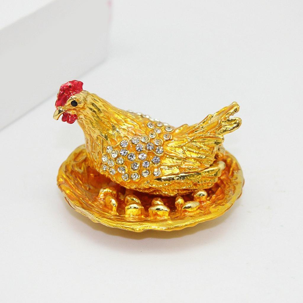Traditional Chinese Rhinestones Metal Hens Laying Eggs Figurines Fengshui Ornament for Home and Office Desktop Decors