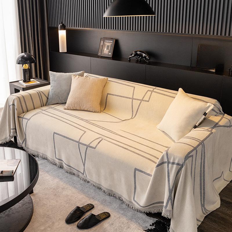 Chenille Sofa Cover Cloth Four Seasons Universal Black Stain-Resistant Sofa Towel Simple Modern Geometric Line Sofa Cover