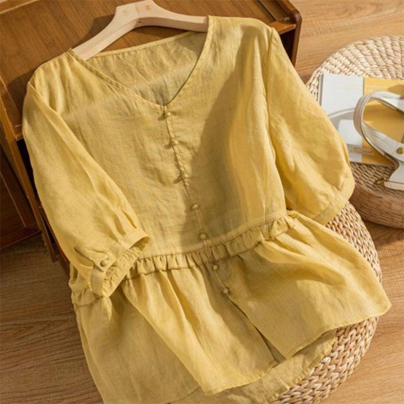 

Японская хлопково-льняная женская рубашка с коротким рукавом, свободная и стройнящая, с темпераментным V-образным вырезом, кукольная рубашка-топ XXL жёлтый