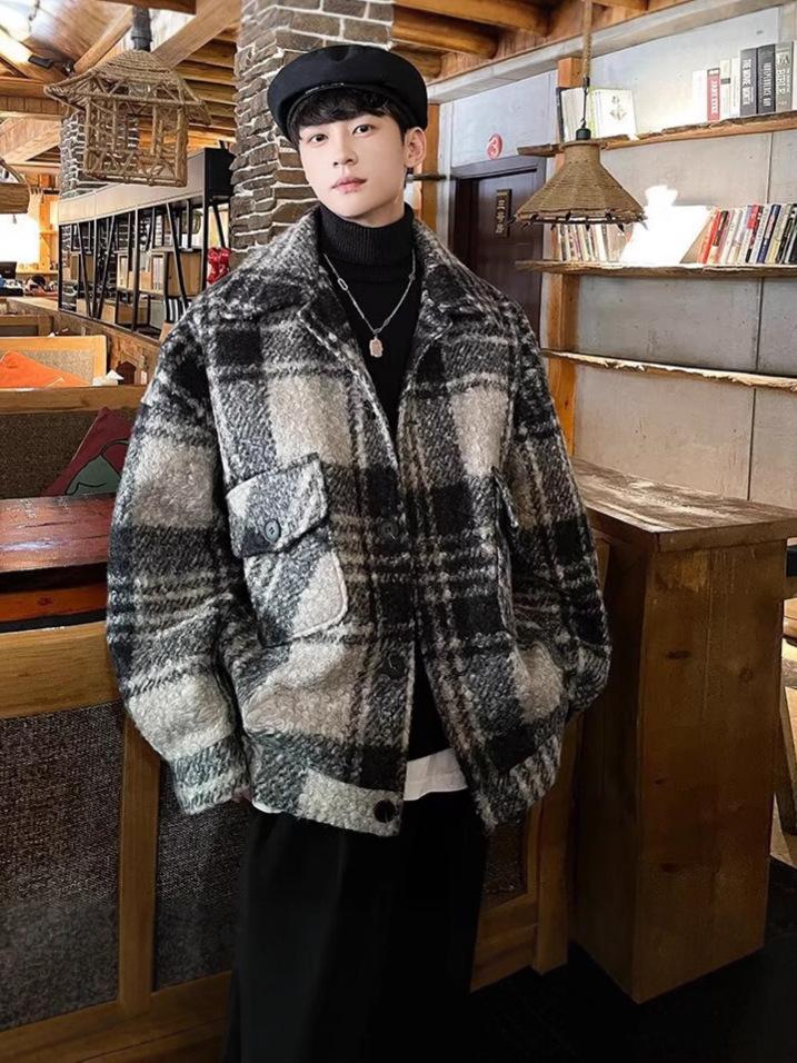 Unisex Retro Plaid Woolen Long-Sleeve Shirt Jacket for Autumn