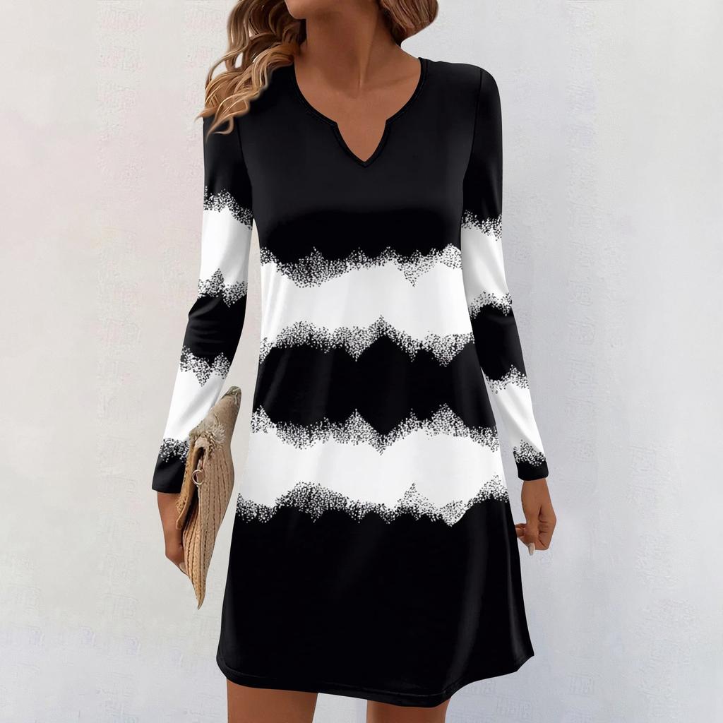 Women's Long-sleeved Casual Midi Dresses V-Neck Print  Casual Dress