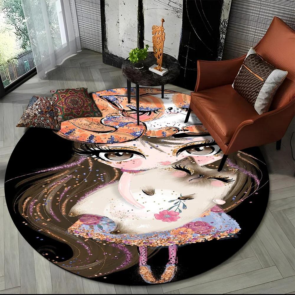 3D Cute Ballet Girl Ballerina Fairy Cartoon Area Rug,Round Carpet for Living Room Bedroom Sofa Decoration,Kid Non-slip Floor Mat