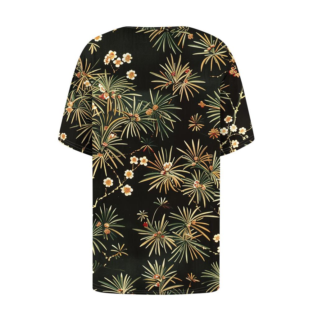 Damen Pullover mit Rundhalsausschnitt, modisch und lässig, kurzärmelig, Knopfleiste, Blumendruck