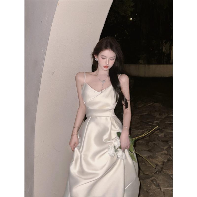 Glossy Suspender Dress Women's Autumn Sleeveless Waist Slim Design High-end Long Skirt Dress Skirt