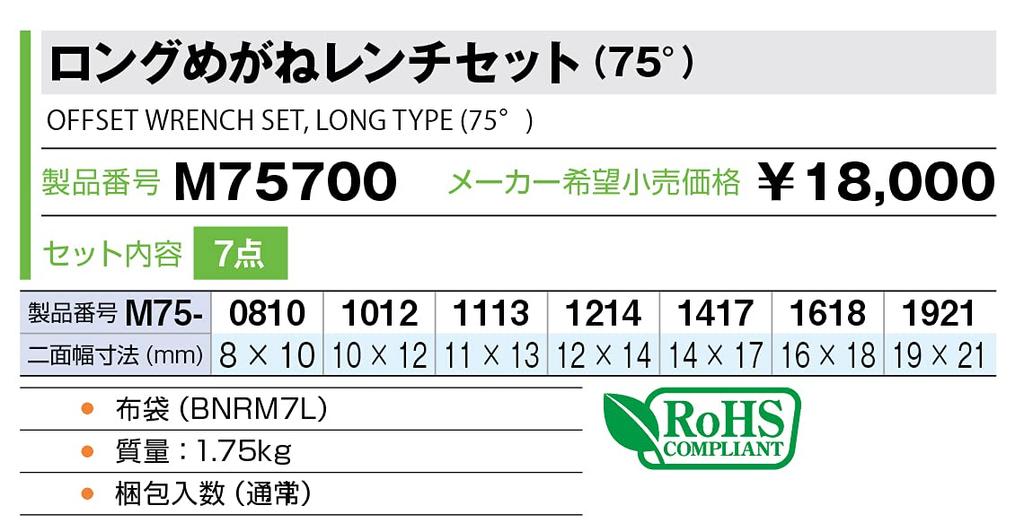 TONE Long Open End Wrench Set (75°) M75700 Silver, 7 Pieces