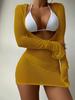 European & American Style Women's Long Sleeve Hollow-out Swimsuit Cover-up In High Elastic Nylon Cornflower