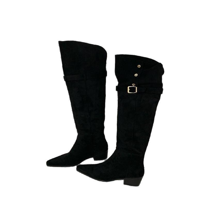 European and American style suede pointed thick heel over the knee boots women's autumn 2025 new belt buckle versatile and thin high boots