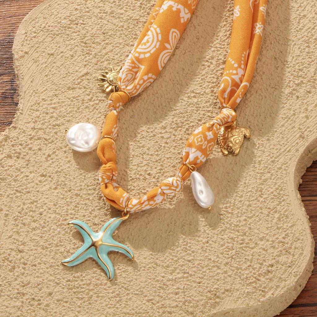 Seaside Vacation Silk Scarf & Pendant Set: Orange Cashew Flower & Starfish Sea Turtle on Adjustable Clavicle Chain
