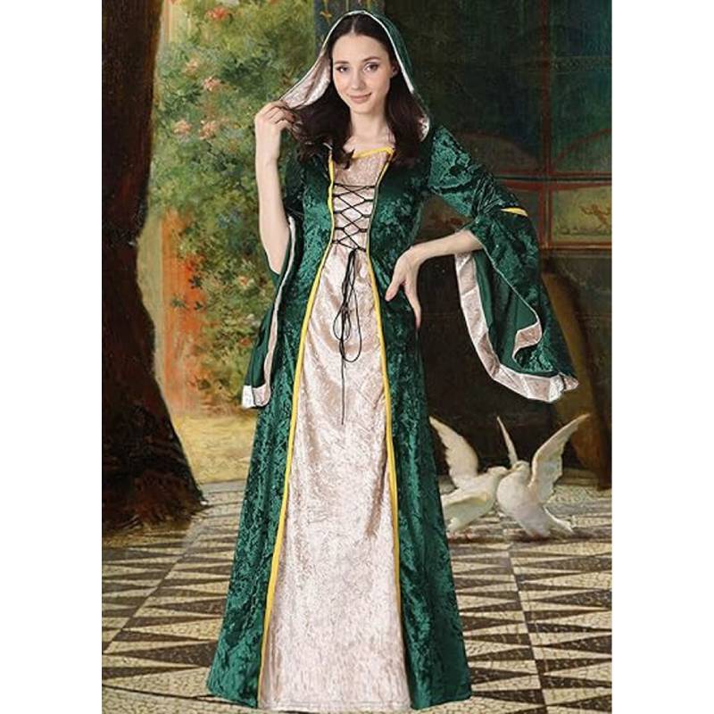 Medieval Vintage Court Dress With Velvet Fabric And Puff Sleeves For Halloween Costume Enthusiasts