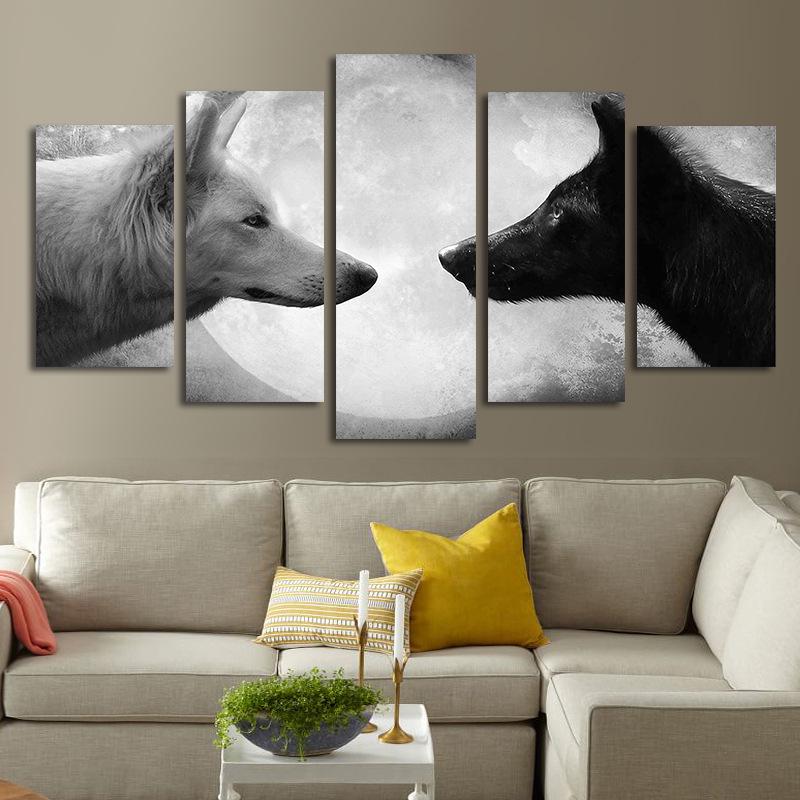 Canvas Painting 5 Pieces Animal Picture Blac White Wolf Room Decoration Set Wall Art Prints for Living Room Posters for Interior No Frame 20x35cm*2  20x45cm*2  20x55cm*1 No Frame