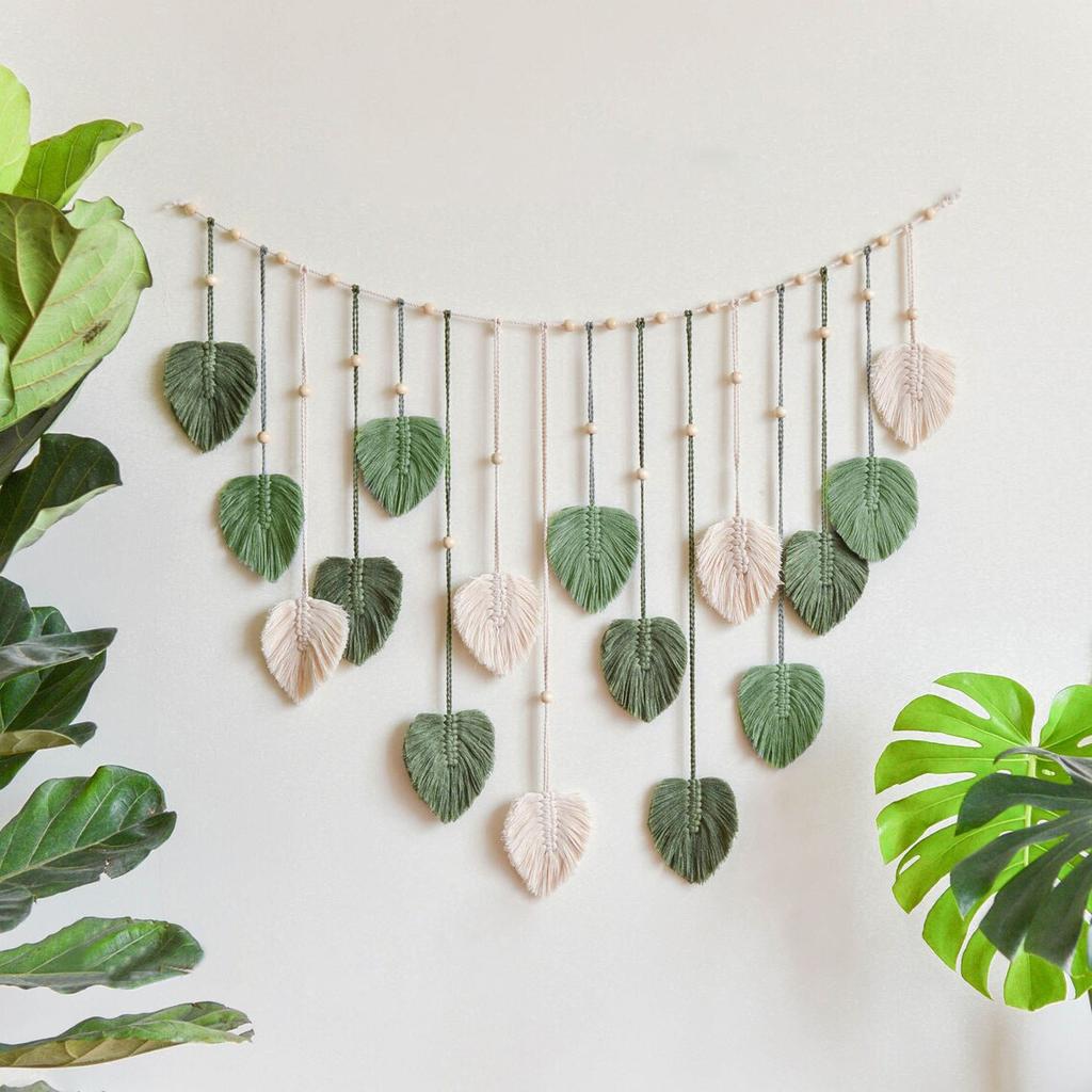1pc Green Leaves Garland Macrame Wall Art Above Bed Decor Boho Home Decor Mid Century Modern Living Room Wall Decor Plant Mom Gift