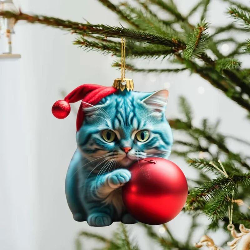 1-10PCS Christmas Acrylic Car Hanging Ornament Cat Santa Hat Tree Pendant Holiday Home Decoration Xmas Party Supplies