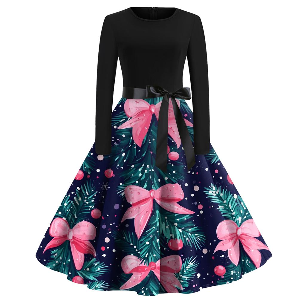 Női Divat Kerek Alkalmi Karcsúsított Karácsonyi Mintás Nagy Lengésű Hosszú Ujjú Ruha