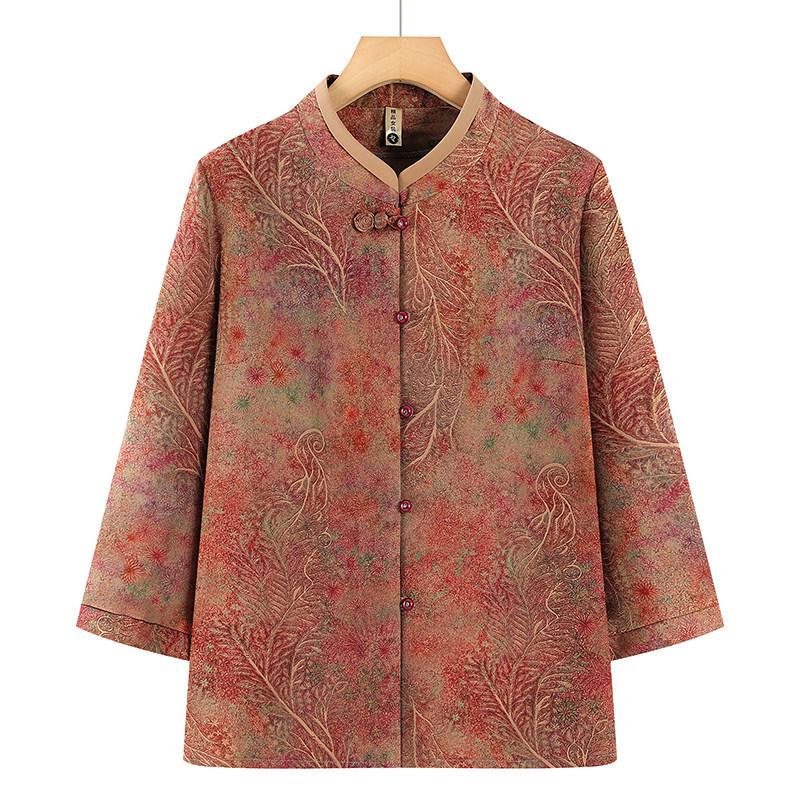

Spring & Summer Stand Collar Print Shirt – 3/4 Sleeve for Middle-Aged & Elderly Women 3XL - Recommended 120-135 lbs красный