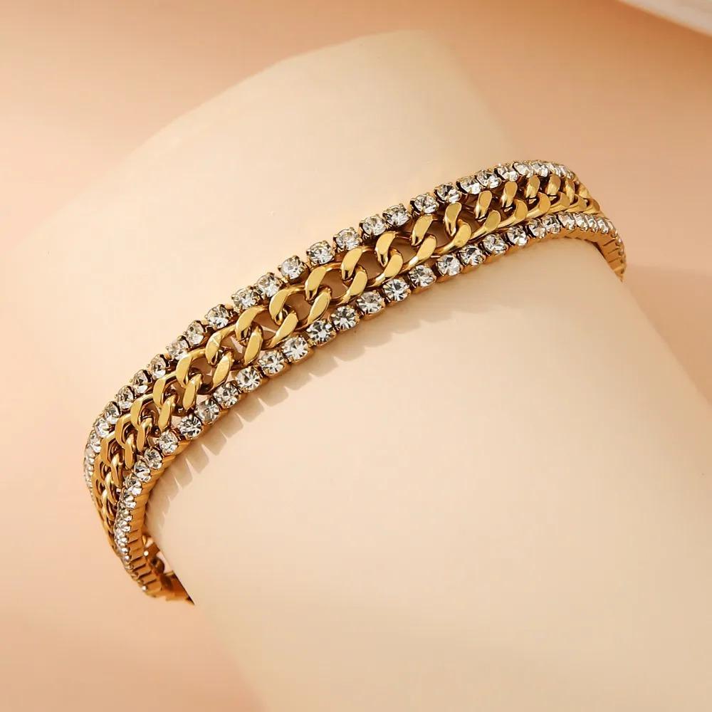 Trend Personality Stainless Steel Gold Color Shining Brightly Double-row Zircon Inlay Adjustable Bracelet for Women Jewelry Gift