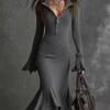 2025 Autumn European & American Elegant Zipper Lapel Bell Sleeve Knit Fishtail Skirt