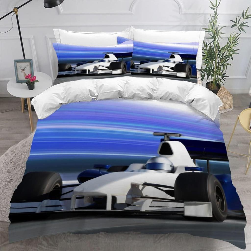 F1 Race car 3D Printed with Zipper Closure,Soft Bedding Set Microfiber 2 Pieces 1 Quilt Cover with 2 Pillowcases Kids Teens