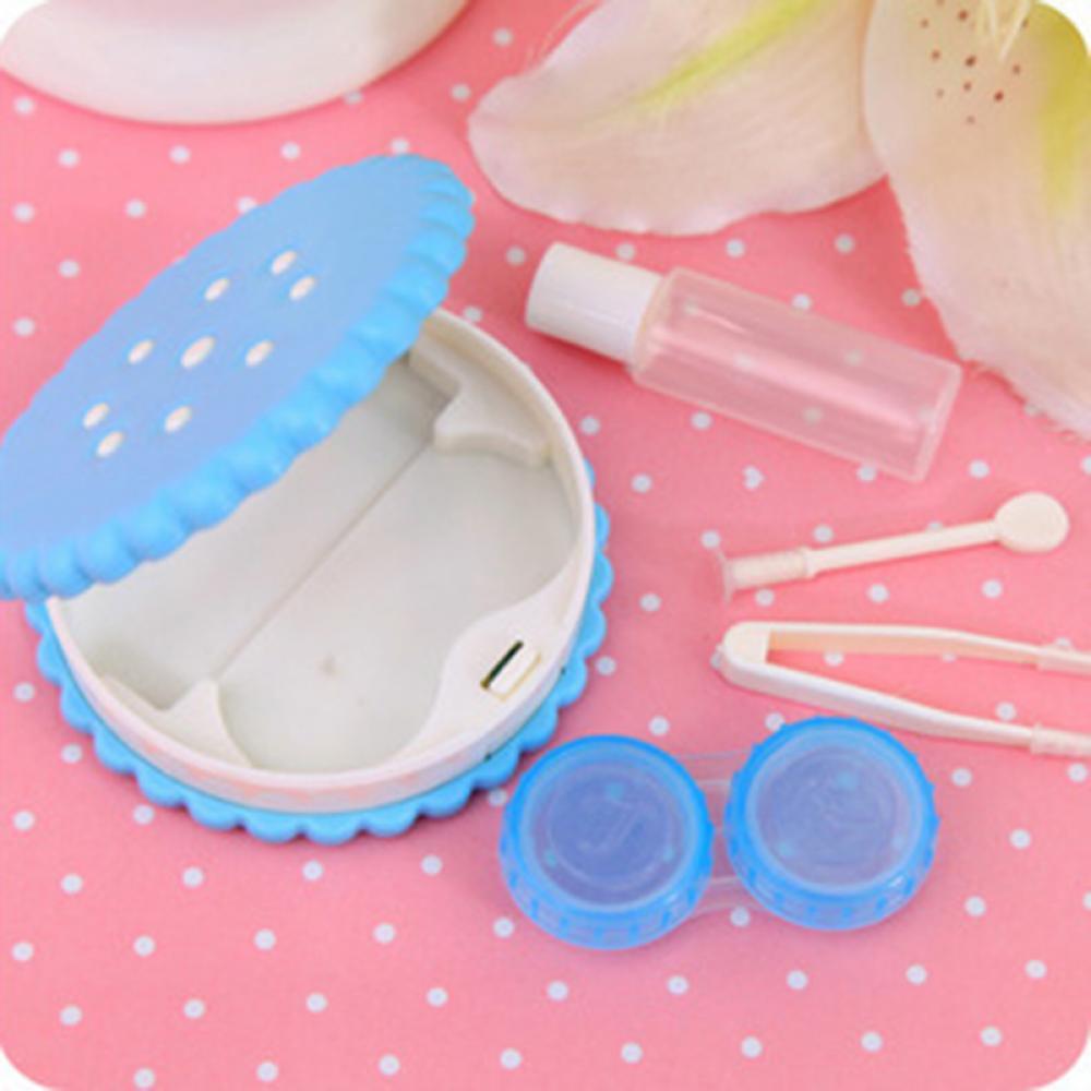 Cute Cookie Shaped Contact Lens Case with Mirror Portable Travel Container Kit Mini Storage Box with Tweezers Bottle Stick