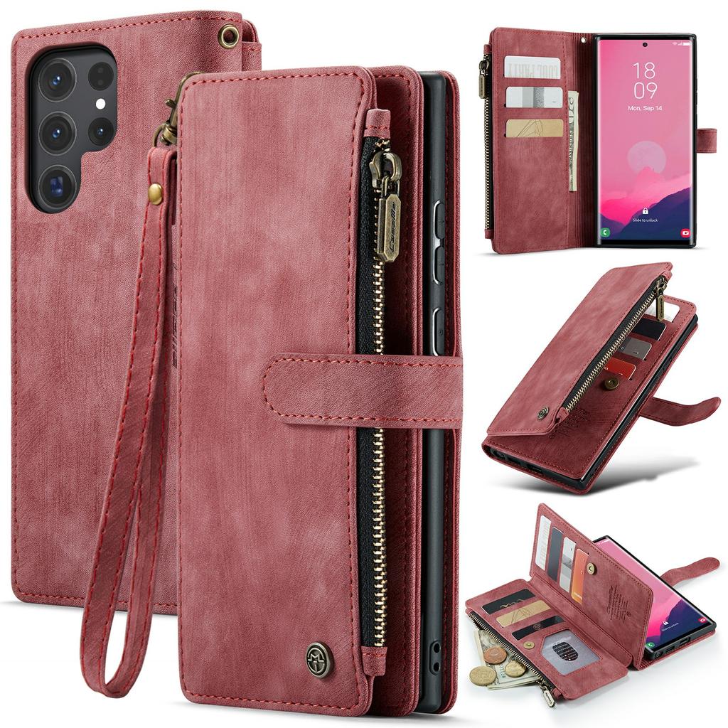 For Samsung Galaxy S24 Ultra Phone Cases with Strap CASEME C30 Zipper Multiple Card Holder PU Leather Cover