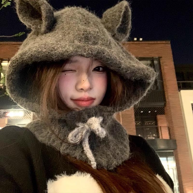 Cute Rabbit Ears Balaclava Women's Autumn and Winter Gray Hat Warm Ear Protection Beanie Trendy