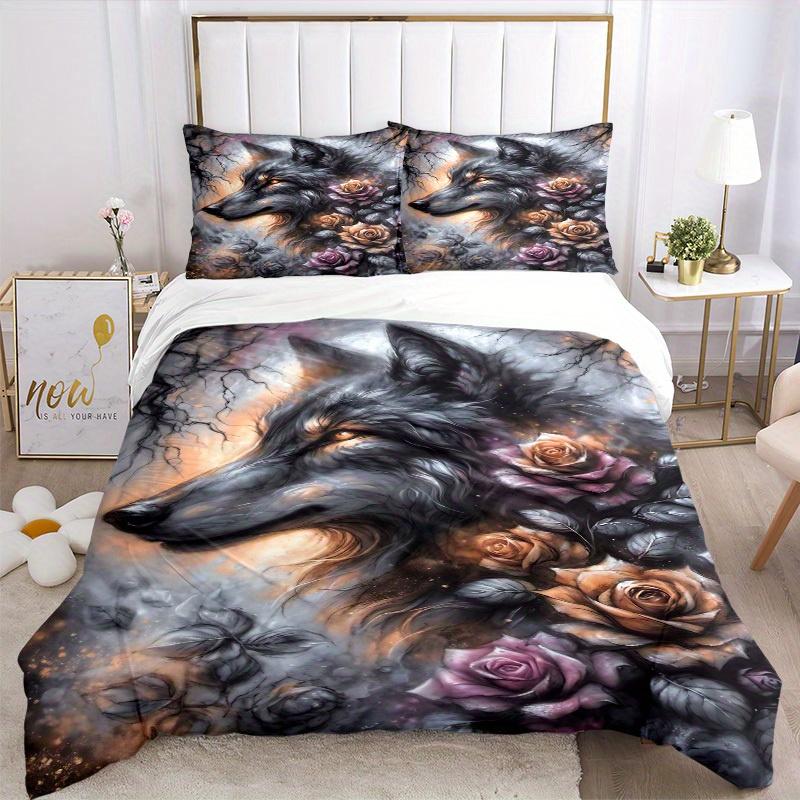 3pcs Wolf Roses Bedding Set Down Comforter Cover and Pillowcases, Suitable for Guest Room Home Decoration All Seasons(No Insert) S0819064