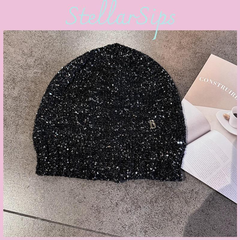 B Letter Cold Hat For Girls With Shiny Sequin Knit Material For Autumn And Winter Fashion