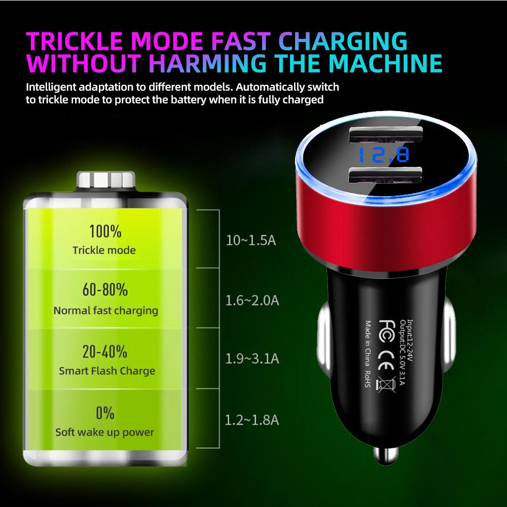 Universal 12V-24V Fast Dual USB Car Charger Adapter with LED Voltage Display 3.1A Car Phone Charger